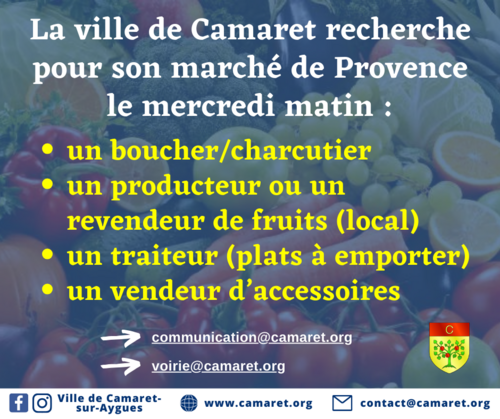 La Ville de Camaret-sur-Aygues recherche pour son marché de Provence le mercredi matin