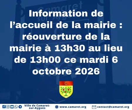 Information de l’accueil de la mairie : réouverture de la mairie à 13h30 au lieu de 13h00 ce mardi 6 octobre 2026