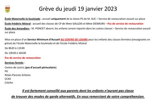 MOUVEMENT DE GRÈVE DU JEUDI 19 JANVIER 2023