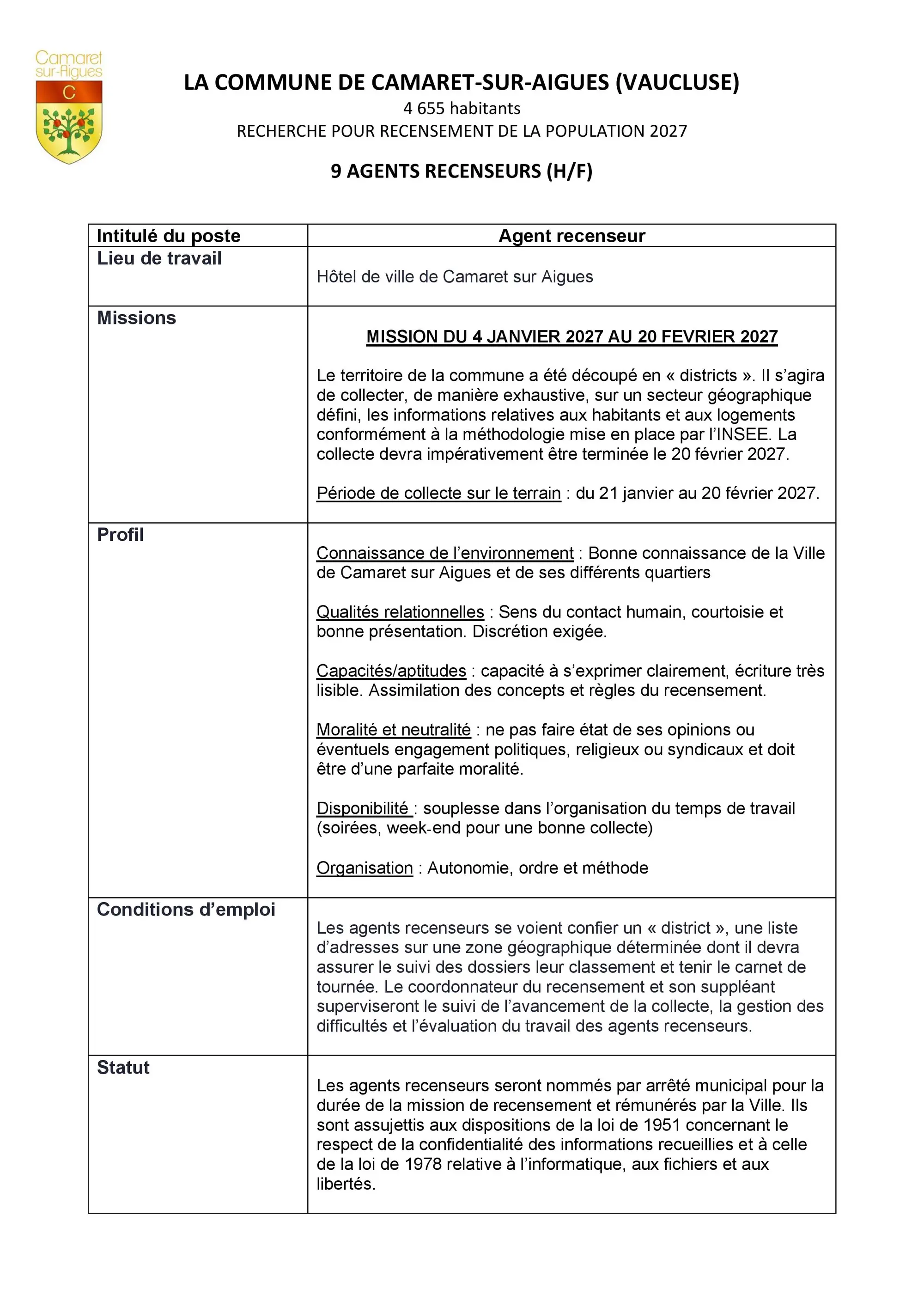 Appel à candidatures pour le recensement 2027 à Camaret-sur-Aygues