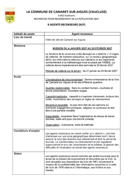 Appel à candidatures pour le recensement 2027 à Camaret-sur-Aygues