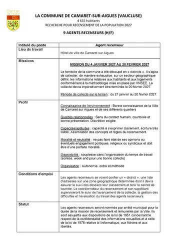 Appel à candidatures pour le recensement 2027 à Camaret-sur-Aygues