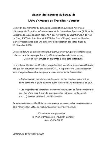 Élection des membres du bureau de l’ASA d’Arrosage de Travaillan - Camaret : message de Marc Chemouni, administrateur provisoire