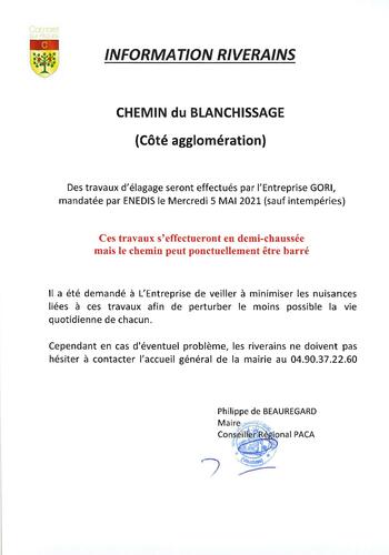 Information riverains chemin du Blanchissage (Côté agglomération)