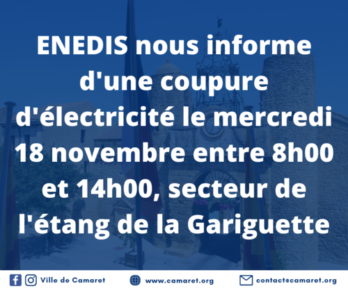 Coupure d'électricité le mercredi 18 novembre entre 8h00 et 14h00, secteur de l'étang de la Gariguette