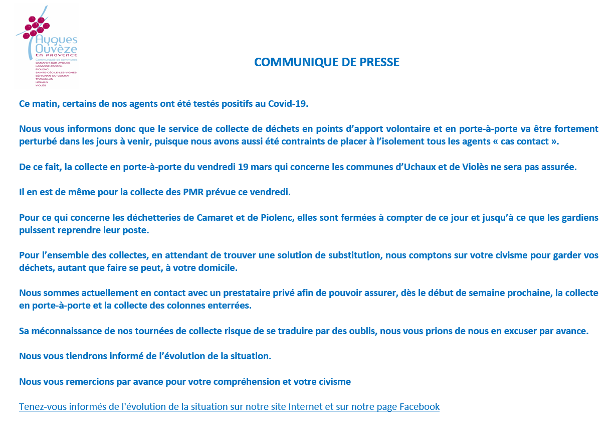 URGENT ! Communiqué de presse de la Communauté de communes Aygues Ouvèze en Provence à lire et à partager