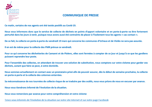URGENT ! Communiqué de presse de la Communauté de communes Aygues Ouvèze en Provence à lire et à partager