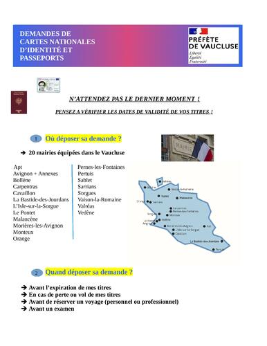 Délivrances des titres sécurisés (cartes nationales d'identité, passeports) : rappel important du Préfet de Vaucluse