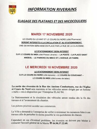 Information riverains : élagage des platanes et des micocouliers le mardi 17 et mercredi 18 novembre 2020