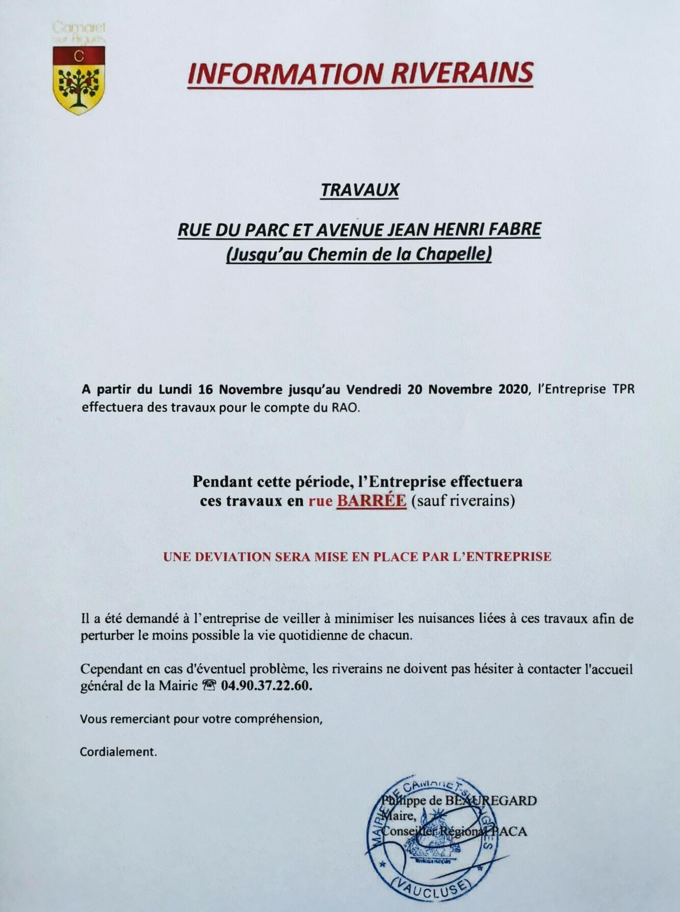 Information riverains : travaux rue du Parc et avenue Jean-Henri Fabre du 16 au 20 novembre 2020