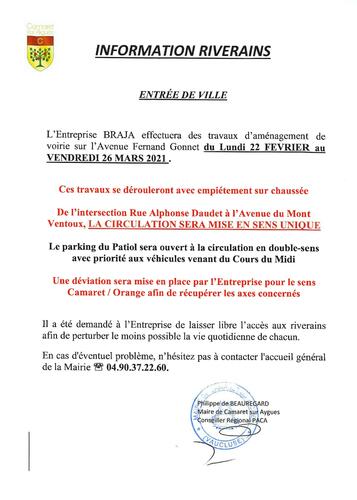 Informations riverains : modification de la circulation avenue Fernand Gonnet