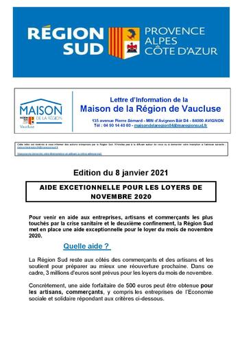 Lettre d’Information de la Maison de la Région de Vaucluse : aide exceptionnelle pour les loyers de novembre 2020