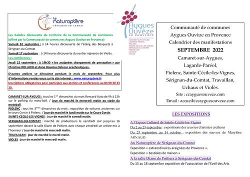 Agenda des manifestations du mois de septembre sur la Communauté de communes Aygues Ouvèze en Provence