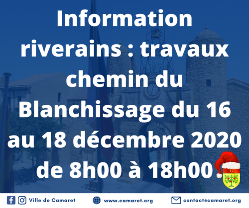 Information riverains : travaux de branchement d'eau potable du 16 au 18 décembre, chemin du Blanchissage