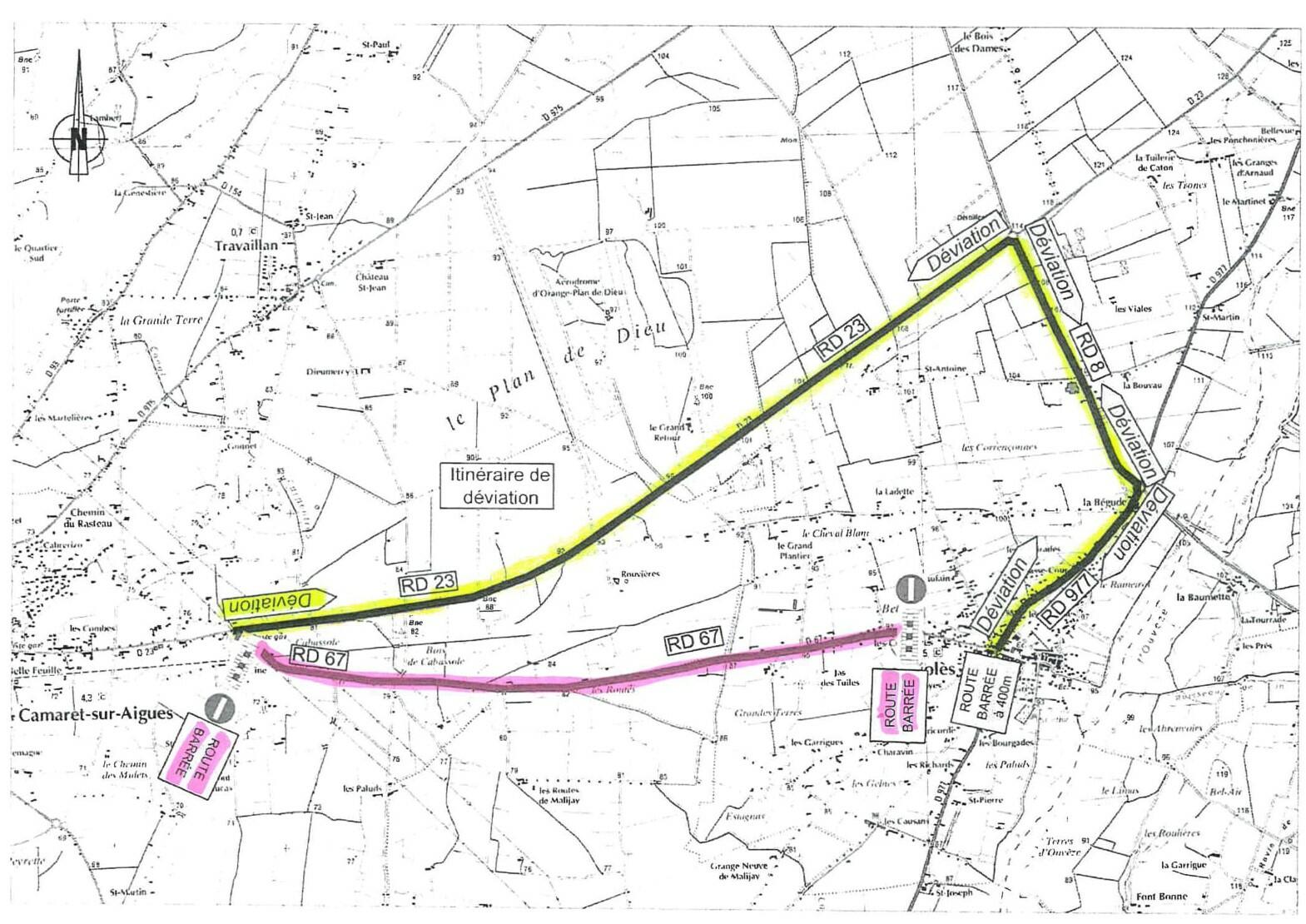 Attention travaux : la RD67 qui relie Camaret à Violès sera fermée à partir d'aujourd'hui lundi 17 mai et ce pour un mois. Déviation par la RD23